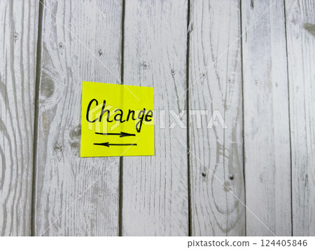 Bright yellow sticky note with the word Change written on it, placed on a rustic wooden background. Perfect for illustrating concepts of transformation, motivation, and new opportunities 124405846