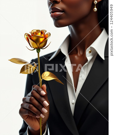 An Elegant Woman Holding a Beautiful Golden Rose While Dressed in Impressive Business Attire AI-generated 124405949