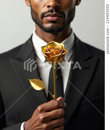 An Elegant Man Dressed in a Stylish Black Suit is Gracefully Holding a Beautiful Golden Rose AI-generated 124405950