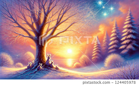 夕陽下的湖邊一棵大樹和一群兔子，一幅神奇的冬日風景，靜謐的星空 124405978
