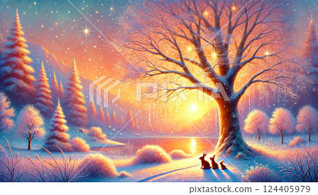 A large tree and a mother and child rabbit on a starry lakeside, gazing at a fantastic winter evening wrapped in light A large tree and a mother and child rabbit on a starry lakeside, gazing at a fantastic winter evening wrapped in light 124405979