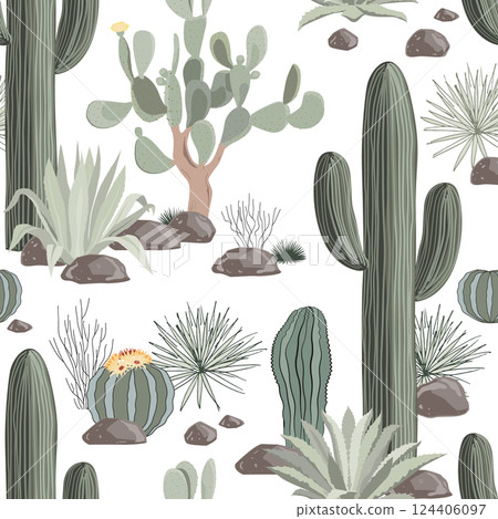 Siant cardon and Saguaro cactus and agaves seamless pattern. Cacti landscape background, vector illustration. Siant cardon and Saguaro cactus and agaves seamless pattern. Cacti landscape background, vector illustration. 124406097