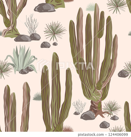 Old and tall Mexican giant cardon cactus and agaves seamless pattern. Cacti landscape background, vector illustration Old and tall Mexican giant cardon cactus and agaves seamless pattern. Cacti landscape background, vector illustration 124406099
