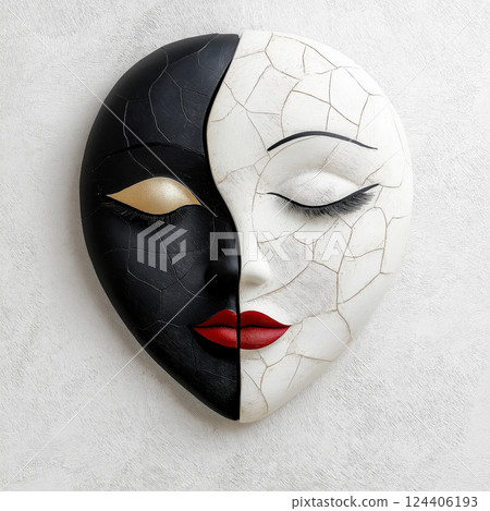 Artistic mask with black and white halves symbolizes duality and balance, reflecting themes of contrast, identity, and harmony. 124406193