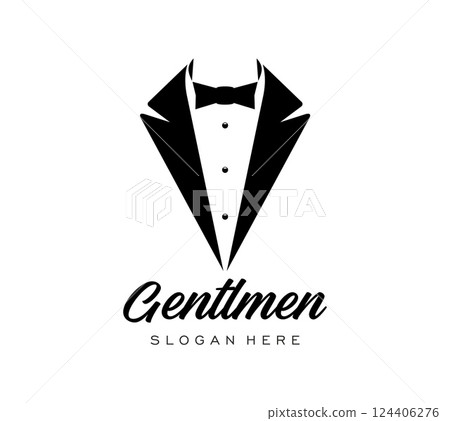 Black tuxedo suit icon. Vector black and white emblem featuring a tuxedo with bow tie, symbolizing elegance, sophistication and formal attire. Label represents luxury men fashion and premium services 124406276