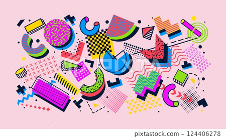 Abstract memphis shapes background of modern graphic elements. Vector color line circles, squares and triangles geometric shapes with abstract memphis pattern. Trendy minimal geometric background 124406278