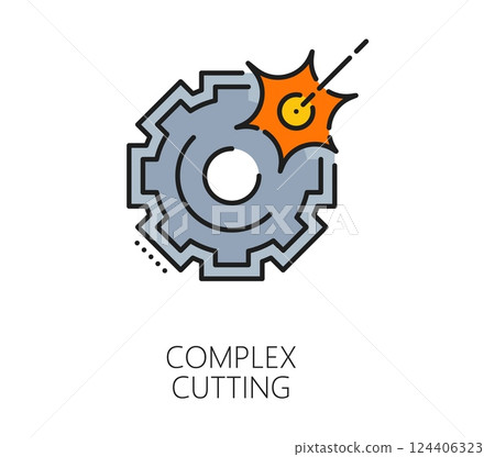 Complex cutting line icon, featuring a laser beam cutting through a gear. Vector linear sign symbolizing precision engineering, industrial automation, and advanced manufacturing processes 124406323