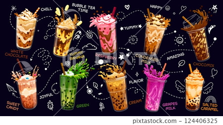 Cartoon milk bubble tea glasses with drink splash. Vector set of flavors like white chocolate, yummy banana, raspberry and condensed milk. Chocomix, sweet candy, green, cream, grapes or salted caramel Cartoon milk bubble tea glasses with drink splash. Vector set of flavors like white chocolate, yummy banana, raspberry and condensed milk. Chocomix, sweet candy, green, cream, grapes or salted caramel 124406325