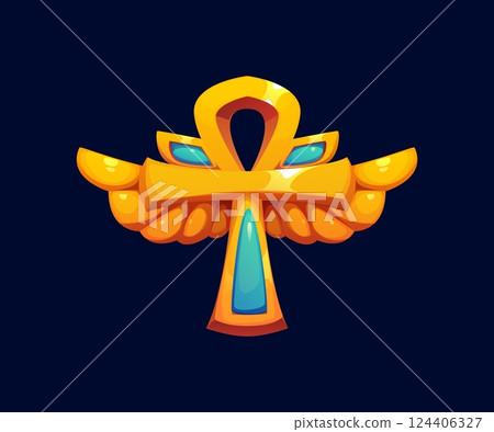 Ancient Egyptian golden winged ankh with blue gemstones. Egypt game icon, treasure asset. Cartoon vector mystical pharaoh symbol of life and protection for adventure, mythology or archaeology games 124406327