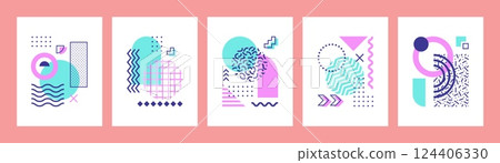 Abstract geometric Memphis posters with graphic shapes and elements exude creativity and dynamic energy in trendy retro modern style. Vector card or cover templates with vivid colors and patterns 124406330