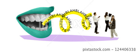 Teal lips shouting blah blah toward working team, symbolizing noise and clarity in communication. 124406338