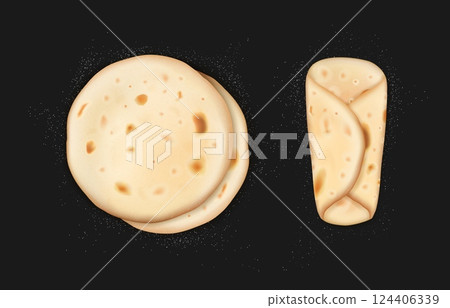 Realistic pita or tortilla bread with flour dust sprinkled around. 3d vector stack of round flatbread and wrapped burrito roll. Arabic pancakes, lavash, shawarma with golden, slightly toasted texture Realistic pita or tortilla bread with flour dust sprinkled around. 3d vector stack of round flatbread and wrapped burrito roll. Arabic pancakes, lavash, shawarma with golden, slightly toasted texture 124406339
