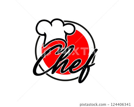 Japanese sushi icon of chef cook hat for Asian cuisine restaurant, vector emblem. Sushi bar icon with Japan flag emblem and master chef cooking hat or toque cap for Japanese authentic cuisine food 124406341