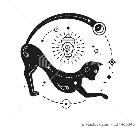 Black magic cat with cosmic patterns, celestial symbols and an ornate lantern. Vector mystical cat with arched body forms a circular composition with stars motif. Boho astrology and spirituality sign Black magic cat with cosmic patterns, celestial symbols and an ornate lantern. Vector mystical cat with arched body forms a circular composition with stars motif. Boho astrology and spirituality sign 124406346