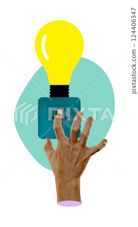 Hand flipping lightbulb switch, triggering new idea, innovation moment, decision-making. Contemporary art collage. 124406347