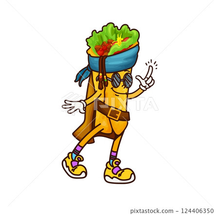 Cartoon groovy burrito fast food pirate and corsair character. Isolated vector swashbuckling freebooter roll, tex mex Mexican food personage ready to conquer the high seas with a retro y2k spirit 124406350