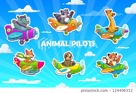 Cartoon animal pilots on planes, stickers pack of funny zoo aviators, vector set. Animal characters pilots on propeller airplanes with happy muzzle faces of tiger, giraffe and fox for kids stickers 124406352