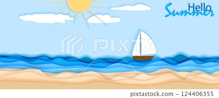 Bright sunlight beams down on a tranquil beach where soft sand meets gentle waves. A sailboat glides peacefully along the horizon, capturing the essence of summer leisure and tourism. Paper cut style 124406355