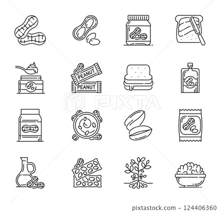 Peanut food and butter line icons vector set. Black and white linear signs of peanut products like butter, sandwich, oil, snacks and plants. Outline symbols of food, nutrition, agriculture or culinary Peanut food and butter line icons vector set. Black and white linear signs of peanut products like butter, sandwich, oil, snacks and plants. Outline symbols of food, nutrition, agriculture or culinary 124406360