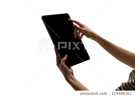 Woman interacting with table isolated on white background. Mockup Woman interacting with table isolated on white background. Mockup 124406361
