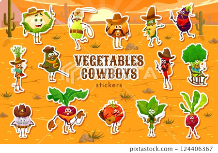 Cartoon vegetable cowboy, sheriff and bandit characters stickers pack. Fun and adventurous western patches featuring veg personages dressed as Wild West ranchers with hats, guns, lassos and guitars 124406367