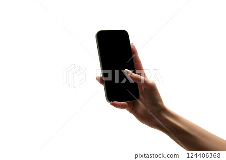 Woman holding modern smartphone with blank black screen isolated on white background. Mockup 124406368