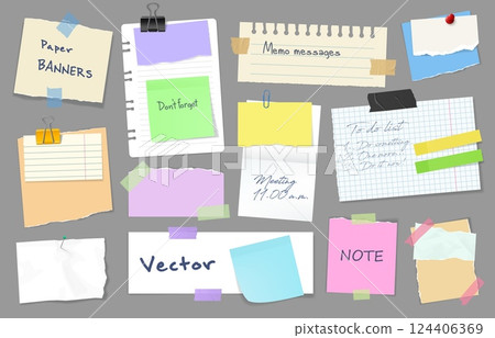 Business paper note stickers, school education sticky sheets and tape, to do list and memo. Vector set of realistic messages, notepads and notepaper meeting reminder, office notice, information boards 124406369