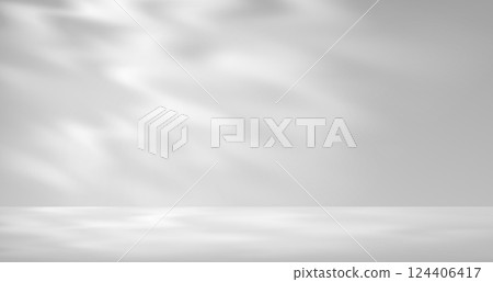 White empty room bg, abstract studio limbo light background. 3d vector minimal wall scene with spots of light evokes a calm and airy atmosphere. Backdrop for product presentation or ads promotion 124406417