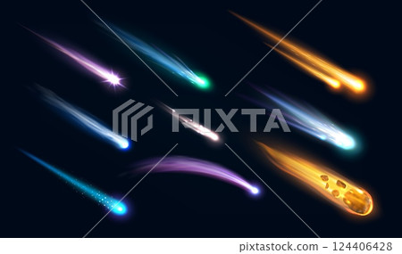 Realistic galaxy space meteors, comets and asteroids with flame trails. 3d vector falling fiery meteorites, shooting stars, cosmic fireballs streaking the night starry sky with colorful glowing tails 124406428