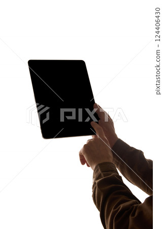 Male hand interacting with tablet with blank black screen isolated on white background. Mockup 124406430