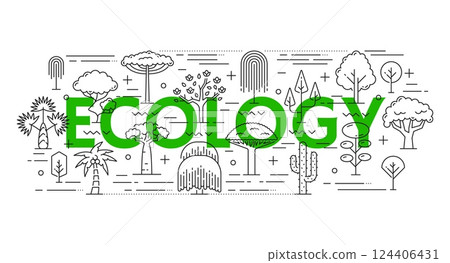 Environment forest green tree and plant line icons. Garden and park trees linear signs symbolizing sustainability, nature, and environmental awareness, emphasizes ecological balance and biodiversity 124406431