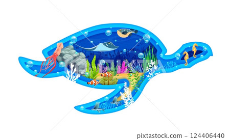 Paper cut turtle silhouette with underwater landscape and fishes, vector background. Ocean undersea or sea underwater with paper cut turtle with stingray or manta ray and cartoon seahorses in seaweeds Paper cut turtle silhouette with underwater landscape and fishes, vector background. Ocean undersea or sea underwater with paper cut turtle with stingray or manta ray and cartoon seahorses in seaweeds 124406440