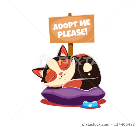 Adopt a cat promotion, animals adoption distribution fair. Vector cute kitten sleeping peacefully on bedding with a sign asking adopt me. Care and love homeless animals, shelter for lost pets 124406458
