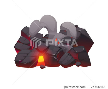 Fire flames on coal, fireplace charcoal, burn ember coal piece and ash. Cartoon vector cooling pile of volcanic lava rocks with remnants of glowing embers at the core, curling smoke and fading heat Fire flames on coal, fireplace charcoal, burn ember coal piece and ash. Cartoon vector cooling pile of volcanic lava rocks with remnants of glowing embers at the core, curling smoke and fading heat 124406466