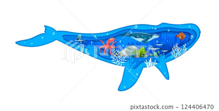 Sea whale paper cut silhouette with underwater landscape and cartoon animals within 3d vector papercut frame. Border in shape of blower, sperm or cachalot with aquatic vegetation, octopus and sealV 124406470