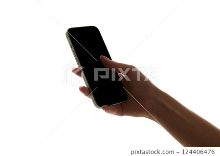 Female hand holding modern smartphone with empty black screen isolated on white background. Female hand holding modern smartphone with empty black screen isolated on white background. 124406476