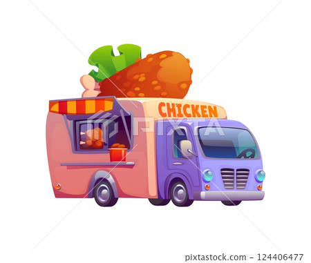 Cartoon street food truck, vintage festival foodtruck serving fried chicken, featuring a large crispy drumstick on its roof. Isolated vector mobile eatery van has a service window with striped awning Cartoon street food truck, vintage festival foodtruck serving fried chicken, featuring a large crispy drumstick on its roof. Isolated vector mobile eatery van has a service window with striped awning 124406477