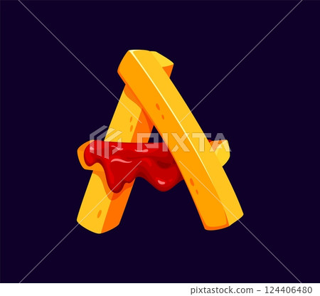 Fast food french fries meal cartoon alphabet font letter A. Fastfood restaurant ABC alphabet element, street cafe appetizer cartoon vector English font typeset A letter. Takeaway snack typeset symbol Fast food french fries meal cartoon alphabet font letter A. Fastfood restaurant ABC alphabet element, street cafe appetizer cartoon vector English font typeset A letter. Takeaway snack typeset symbol 124406480