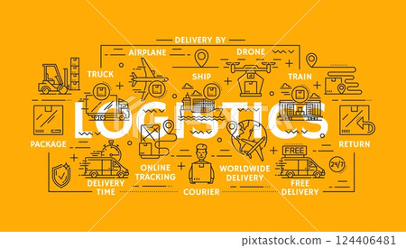Logistics icons of cargo carriage service, shipping, delivery and storage. Vector linear signs of transportation methods, including truck, airplane, ship, train and drone. Package tracking and courier 124406481