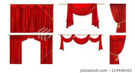 Theater stage red curtains. Realistic 3d vector set of luxurious closed, draped and tied back drapery with gold rods and tassels. Fabric for stage performance, cinema, opera and dramatic presentations 124406482