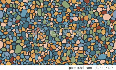 Mosaic gravel and pebble stone seamless pattern color paving background. Vector street cobblestone, garden sidewalk tile with colorful paving rocks or gravel for wallpaper, patio and outdoor space 124406487