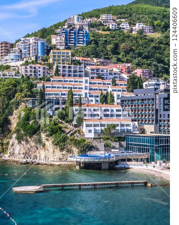 Breathtaking Aerial View of Budva Old Town and the Adriatic Sea: Montenegro’s Coastal Gem 124406609