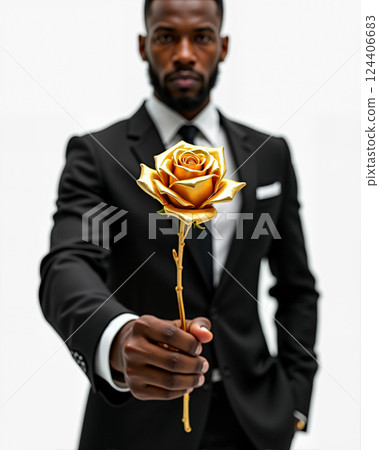 Elegant black man offering a golden rose as a luxurious gift AI-generated 124406683