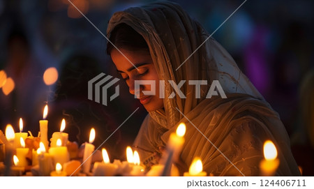 An individual lights candles during a solemn religious observance, creating a serene and reverent atmosphere. 124406711