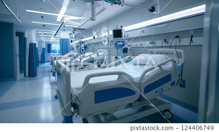 State-of-the-art hospital room uses advanced equipment and tech for top-notch, efficient patient care. 124406749