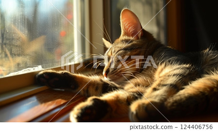 A cat lounges in a sunlit window, enjoying warm rays and gentle breeze - a testament to simple pleasures. 124406756
