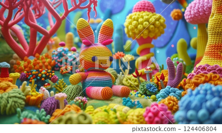 Amigurumi crochet toys in a vibrant, whimsical setting enhance imagination, delighting kids and adults. 124406804