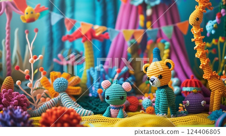 Handcrafted amigurumi crochet toys in a colorful setting dazzle with intricate details and vibrant hues. 124406805