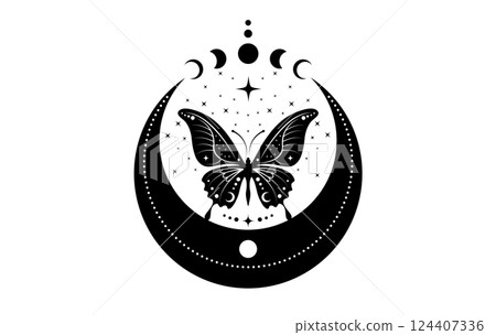 Mystical Crescent Moon and sacred butterfly with Stars Moon Phases logo design. Magic celestial clipart of yoga, spa, beauty salon, cosmetics, relax, brand style, tattoo. Isolated on white background Mystical Crescent Moon and sacred butterfly with Stars Moon Phases logo design. Magic celestial clipart of yoga, spa, beauty salon, cosmetics, relax, brand style, tattoo. Isolated on white background 124407336