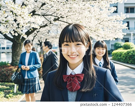 High school girls at the entrance ceremony with cherry blossom trees in the background 124407366